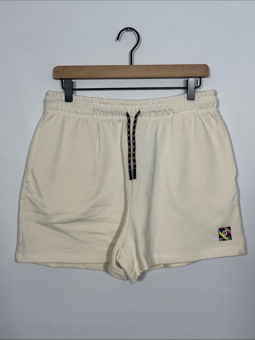 {Peloton} "Sweat Short" High Rise Cream Ivory Elastic Tie Waist Bike Shorts
